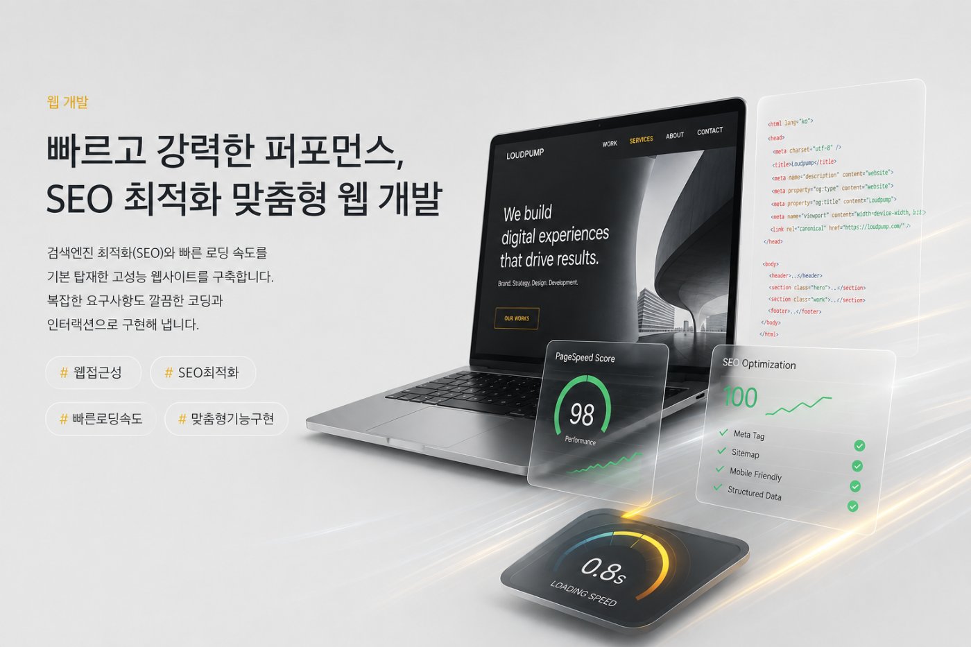 웹개발 — 빠르고 강력한 퍼포먼스, SEO 최적화 맞춤형 웹 개발